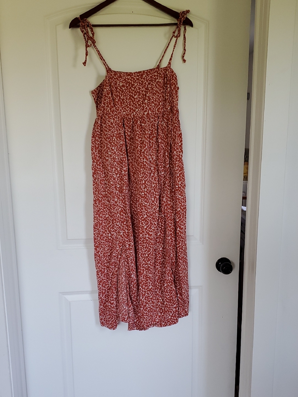 Rust Floral Tie-Shoulder Midi Dress